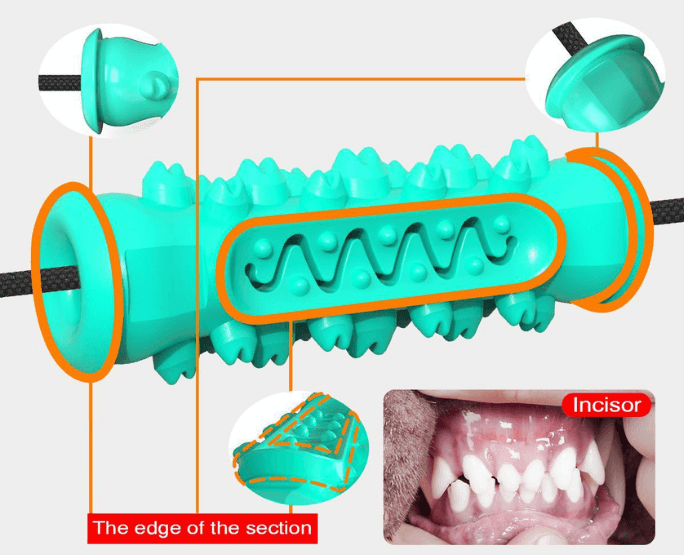 Tannpleiende hundeleke forklalringsbilde med illustrasjon av hundens munn hvordan designet hjelper mot fortenner