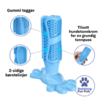 tannpuss tyggeleke til hund produktdetaljer forklart med tekst gummi tagger 2-sidig børstelinjer tilsett hundetannkrem for en grundig tannpuss