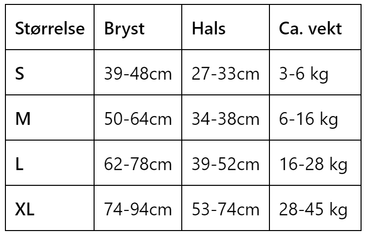 tabell for størrelser og mål til hundesele oxford air universal justerbar sele til hund med refleks