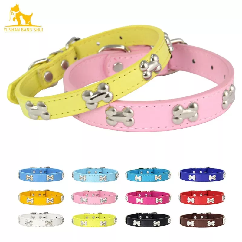 Bone Rivets Leather Dog Collar Colourful Puppy Neck Strap Collar For Small Medium Large Dogs Cat