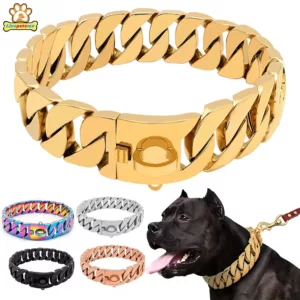 32MM Wide Strong Metal Dog Chain Collars Stainless Steel Dog Choker Pitbull Gold Dog Necklace For Large Dogs 1