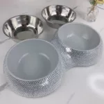 Rhinestone Dog Bowl Pet Supplies Bling Rhinestones Stainless Steel Pet Bowls Double Food Water Feeder For Pets Puppies Cats 3