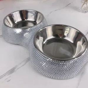 Rhinestone Dog Bowl Pet Supplies Bling Rhinestones Stainless Steel Pet Bowls Double Food Water Feeder For Pets Puppies Cats 1