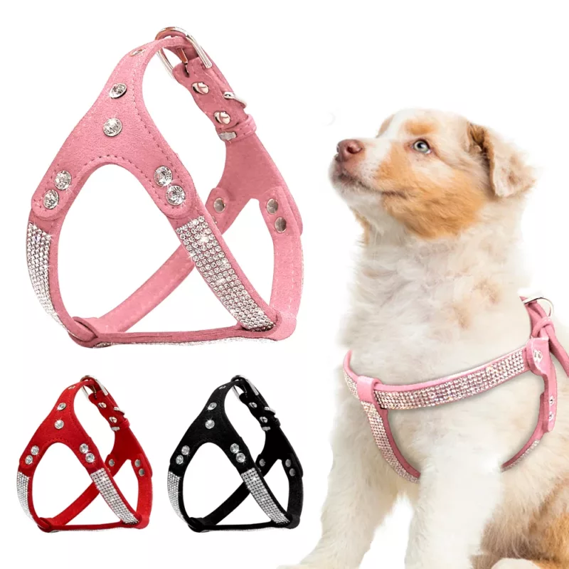 Soft Suede Leather Puppy Dog Harness Rhinestone Pet Cat Vest Mascotas Cachorro Harnesses For Small Medium Dogs Chihuahua Pink 1